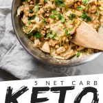 PINTEREST IMAGE with words "5 net carb Keto Thai Chicken" with image of Keto Thai Chicken in a silver bowl.