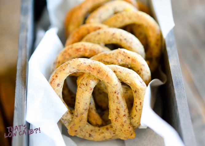 Low Carb Pretzels lined upright together in a pan.