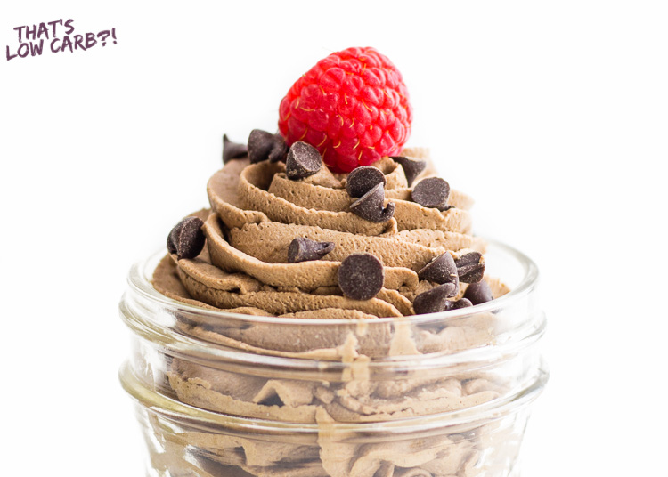 Image of Low Carb Keto Chocolate Mousse with chocolate chips and a raspberry on top.