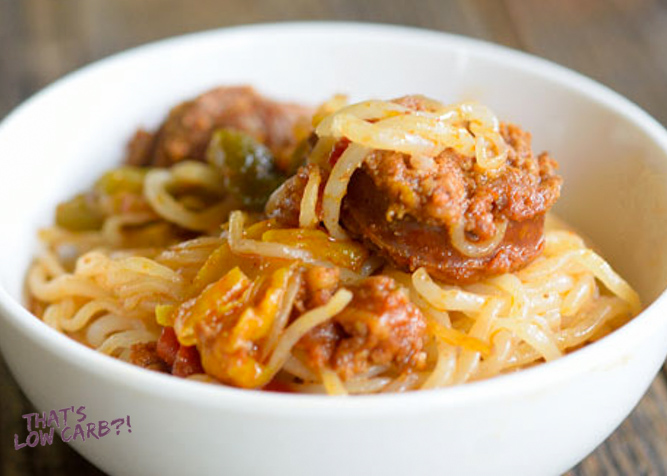 Low Carb Mexican Chorizo Pasta with chorizo on top in a white bowl.