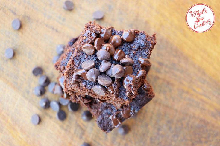 Low carb brownies shown from the top with chocolate chips sprinkled over them.