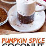 PINTEREST IMAGE with words "pumpkin spice coconut streamer" with image of a mug of Pumpkin Spice Coconut Steamer on a white plate with pumpkin spice powdered over top and in the background.