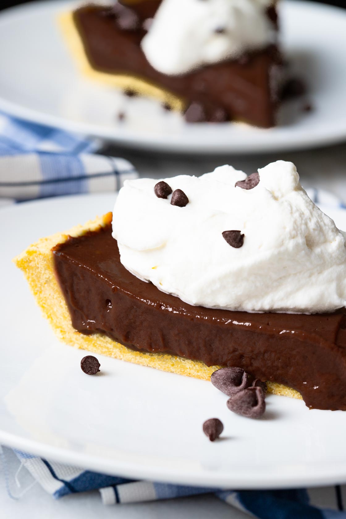 Up close of chocolate pie on plate