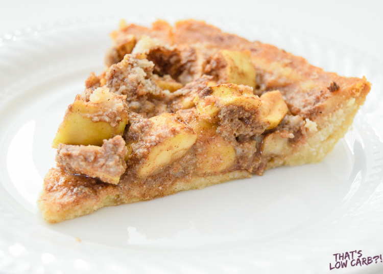 Image of a slice of keto mock apple pie on a white plate.