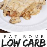 PINTEREST IMAGE with words "Fat Bomb Low Carb Pork Chops" with image of Fat Bomb Low Carb Pork Chops serving on a plate.