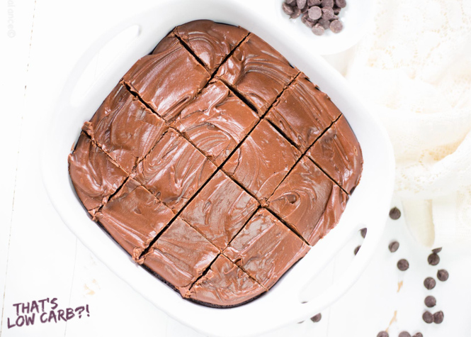 Image of Keto Low Carb Chocolate Frosting on brownies sliced in a casserole dish..