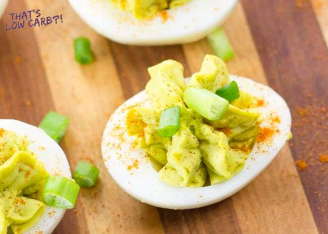 Image of keto Low Carb Deviled Eggs with green onions.