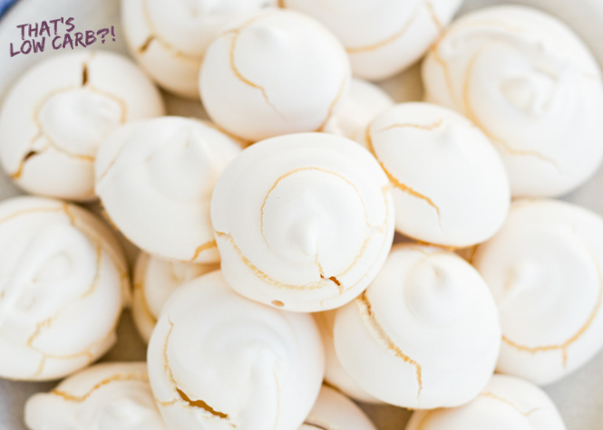 Close up overhead shot of Image of keto Low Carb Meringue Cookies piled on a plate.
