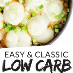 PINTEREST IMAGE with words "easy & classic low carb shepherd's pie" with image of Keto Low Carb Shepherd's Pie in a skillet with green onion sprinkled on top..