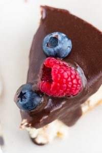 Image of of Keto Cheesecake slice with chocolate sauce over top and raspberry and blueberry.