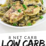 PINETERST IMAGE with words "8 Net Carb Low Carb Pork Chops" with image of Low Carb Pork Chops portion on a white plate with mushroom and green garnish on top.