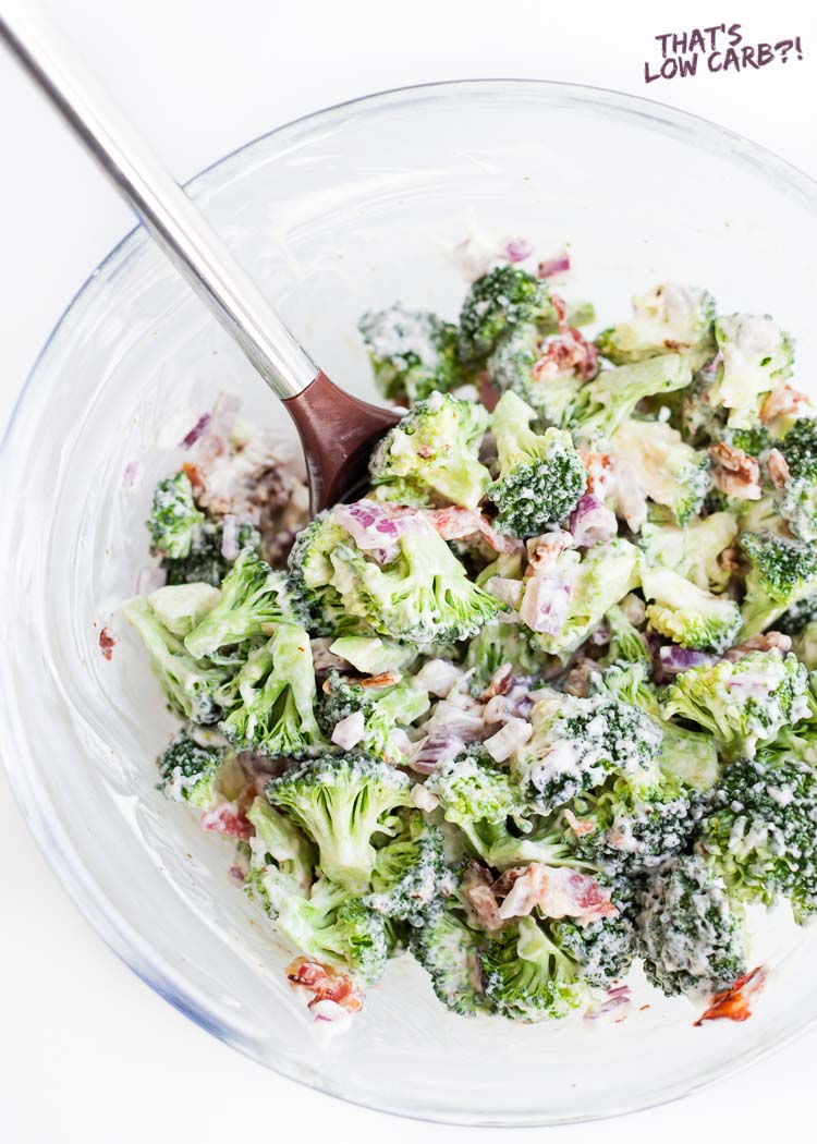 Overhead shot of Keto Bacon Broccoli Salad in a large glass bowl.