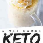 PINTEREST IMAGE with words "6 net carbs keto mug cake" with image of Vanilla Keto Mug Cake in a clear glass mug with whip cream on top.