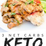 PINTEREST IMAGE with words 3 net carbs Keto Fat Bomb Chicken" with image of Keto Fat Bomb Chicken and side salad on a white plate.