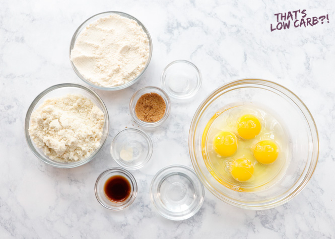 Overhead shot of Easy Low Carb Keto Crepes ingredients in a assortment of glass bowls.