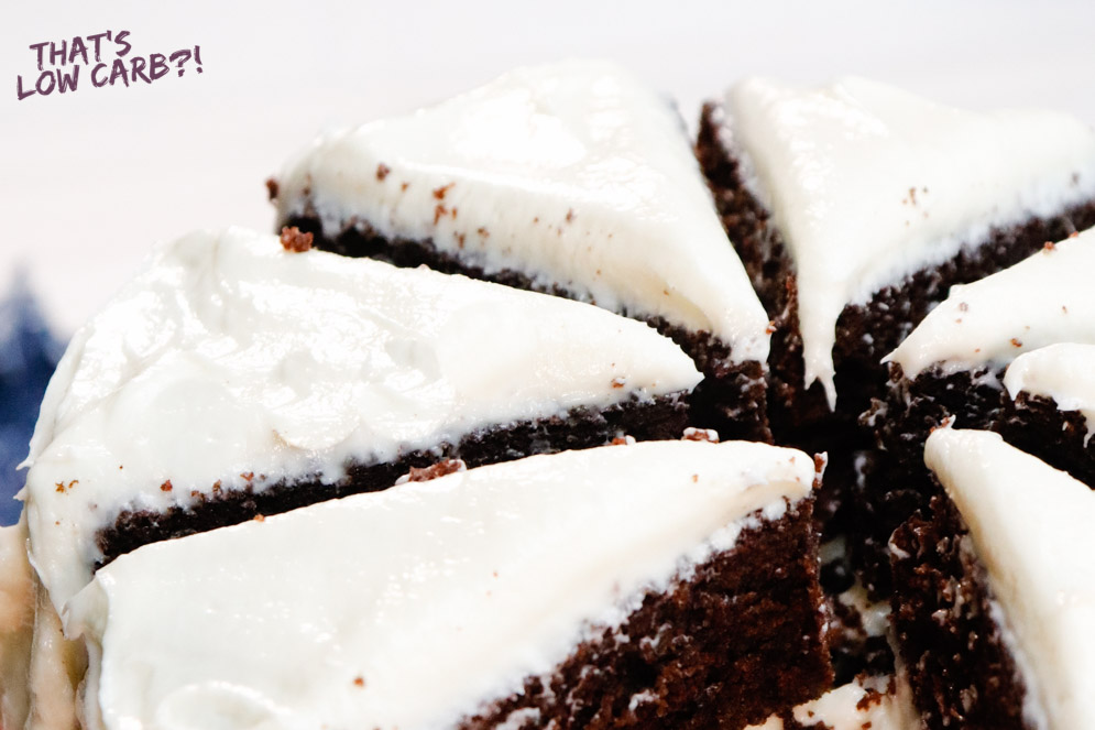 Image of Low Carb Chocolate Cake already sliced and slightly pulled apart.