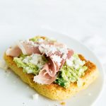 slice of 90 second keto bread on white plate with avocado and prosciutto on top.