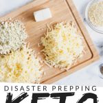 PINTEREST IMAGE with words "disaster prepping keto ingredients to freeze" with overhead shot of ingredients piled on wooden cutting board and in assorted glass bowls.