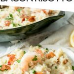 PINTEREST IMAGE with words "9 net carb keto bacon risotto" with a white plate of keto bacon risotto in the foreground and a black bowl of it in the background.