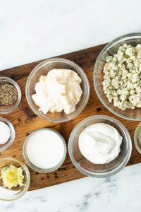 Overhead shot of ingredients needed for Keto Blue Cheese Dressing