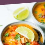 Chicken Taco Soup in a bowl with lime wedge on top