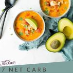Chicken Taco Soup in three bowls with lime and avocado