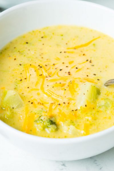 One bowl with broccoli cheddar soup